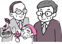 株式会社いろどり　代表　横石さんと岡崎市長が、紅葉等を持ったおばあちゃん達を、ほほえましく見守っています。