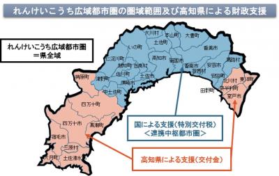 れんけいこうち広域都市圏の圏域範囲と高知県による財政支援