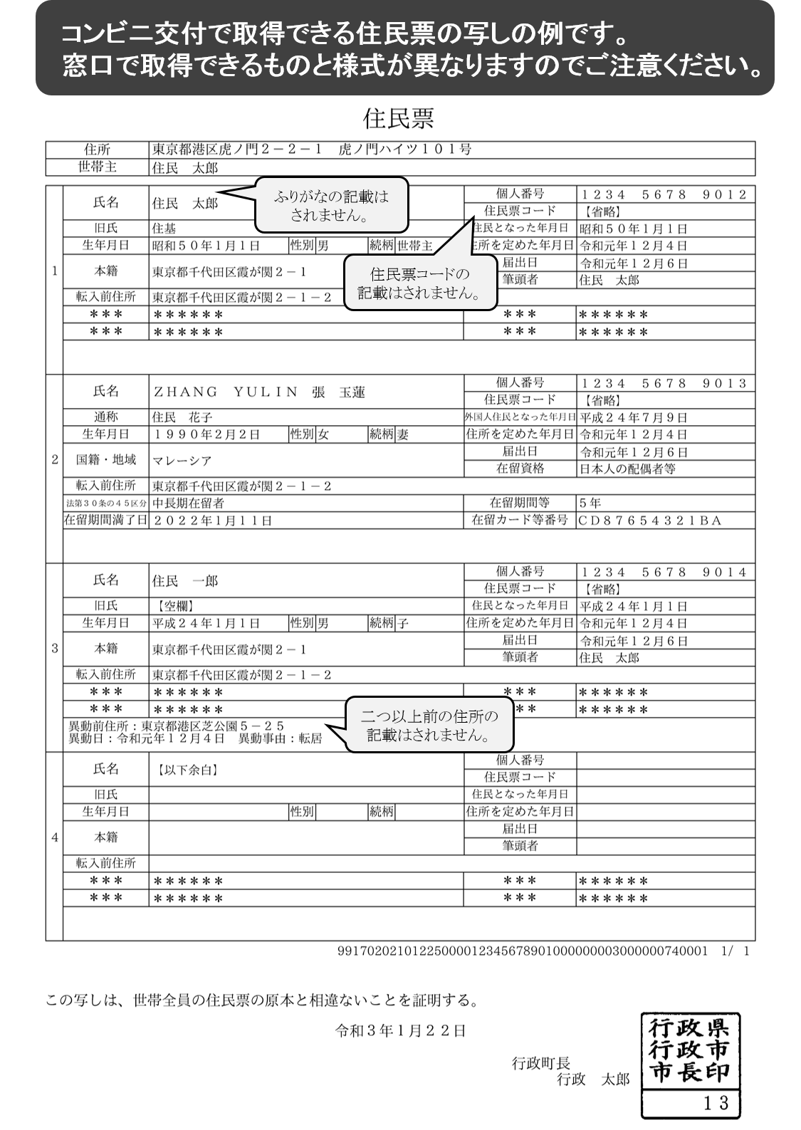 コンビニ交付における住民票の写しの表示不可項目