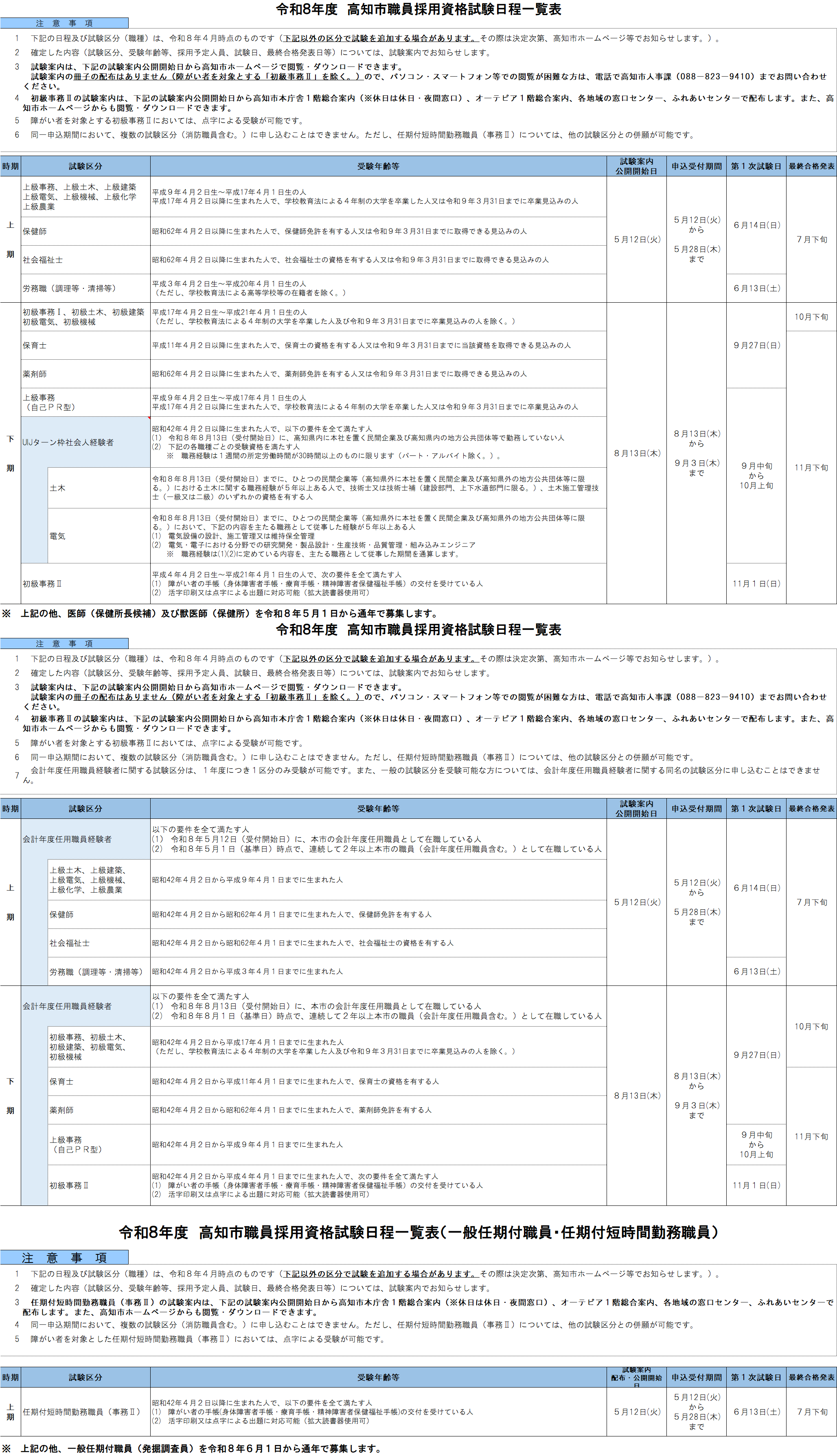 令和8年度　高知市職員採用資格試験日程一覧表