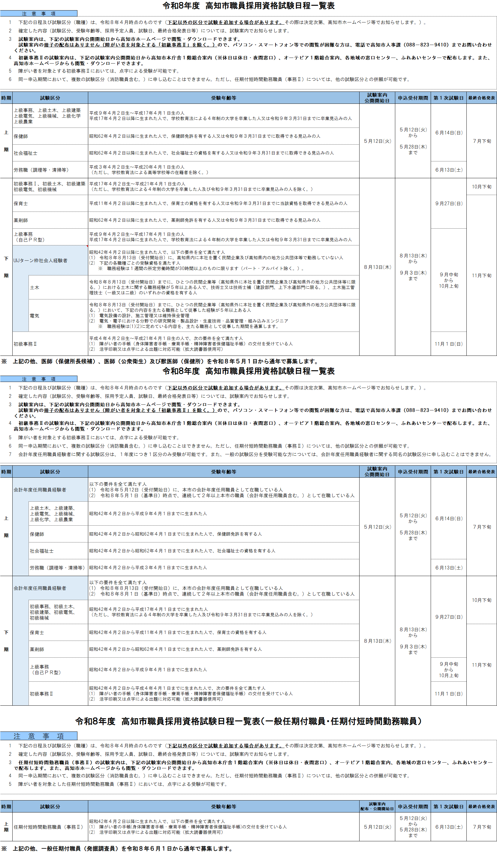 令和８年度高知市職員採用資格試験日程一覧表