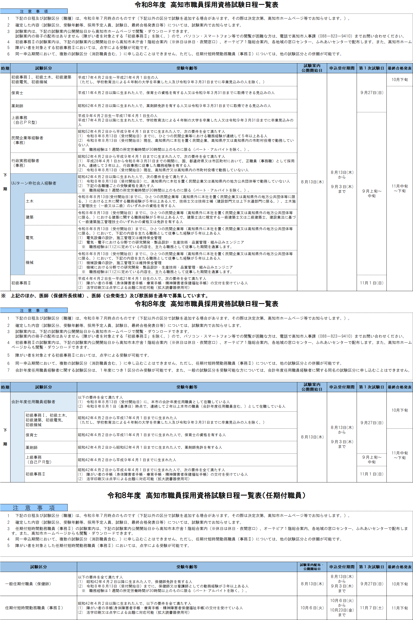 令和8年度高知市職員採用資格試験　日程一覧表