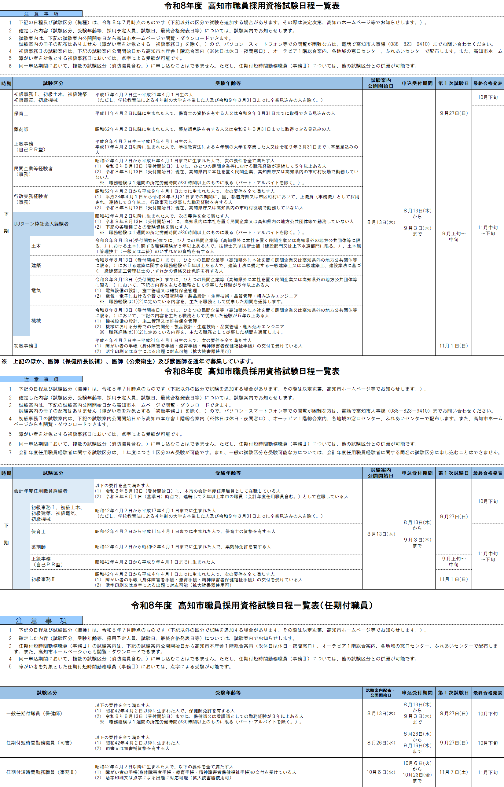 令和8年度高知市職員採用資格試験　日程一覧表