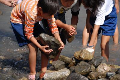 大きな石を運ぶ児童