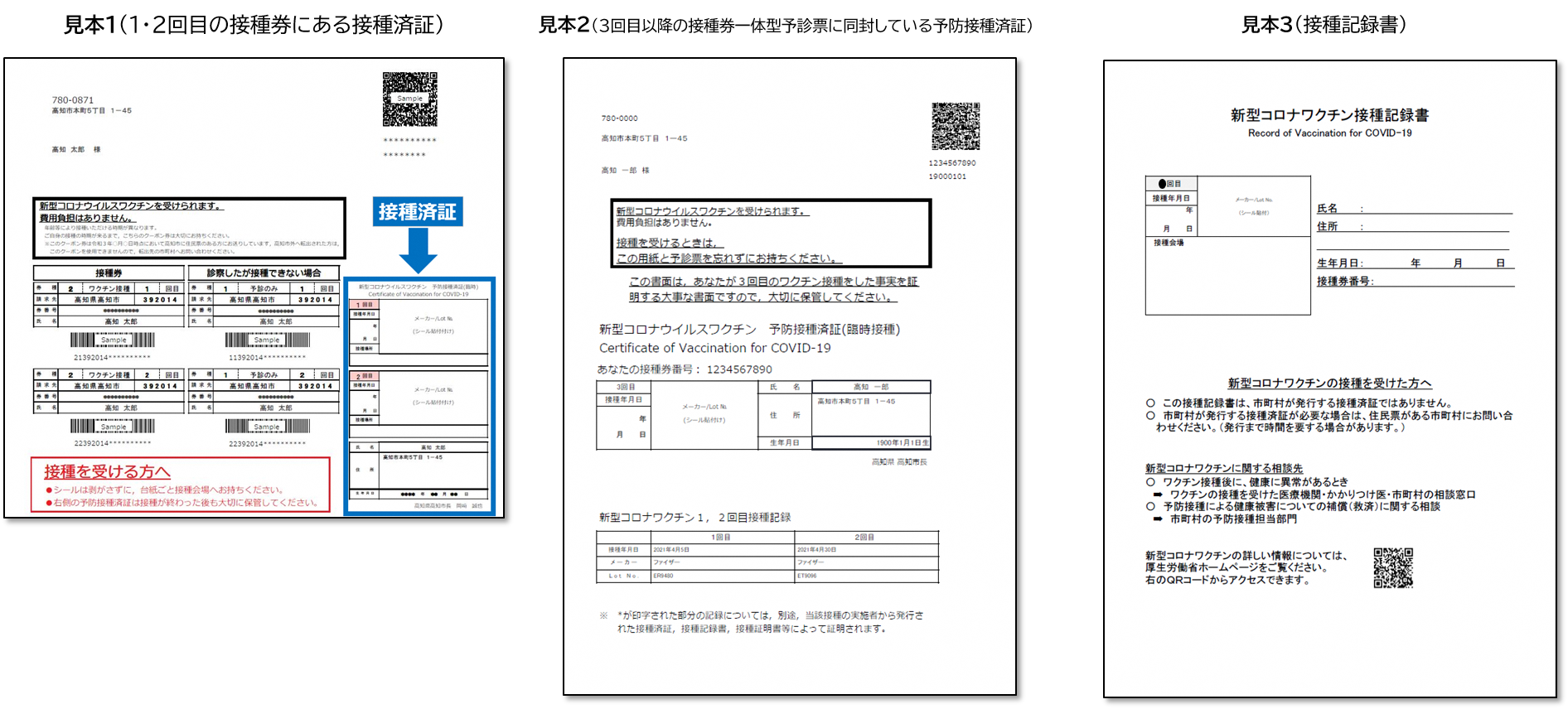 接種済証，接種記録書見本